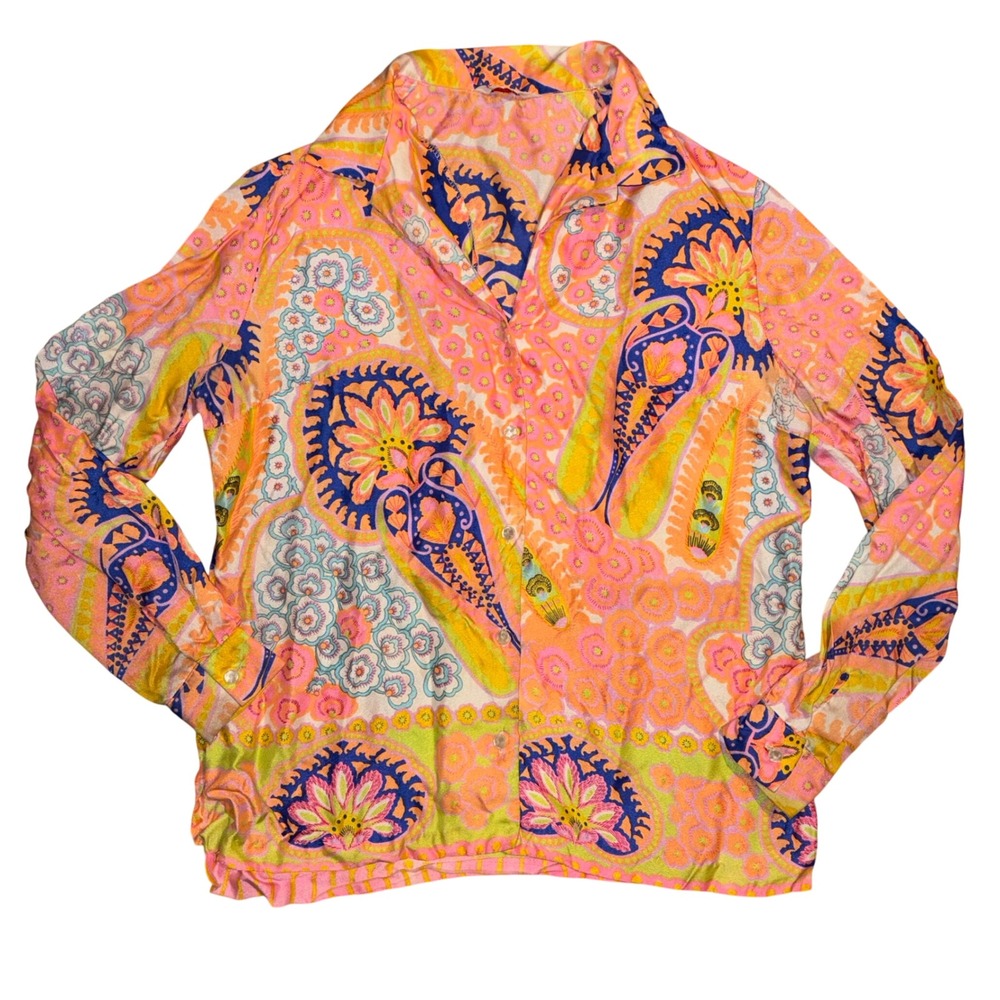 Vintage 70s Pykettes Womens Psychedelic Paisley‎ Floral Button Down Blouse Pink